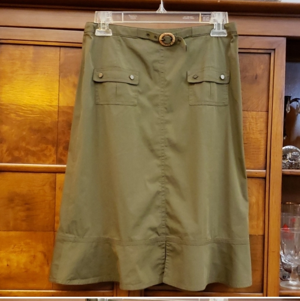 PAULE KA Elegant Green Belted A-line Midi Skirt Size 38 US 6